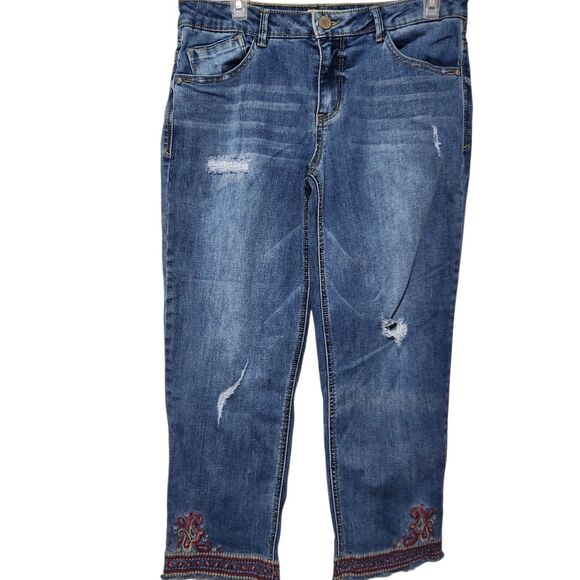 Democracy Denim - Democracy Crop Pants Size 10 Blue Embroidered Raw Hem